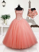  Straps Peach Sleeveless Floor Length Beading Lace Up Kids Formal Wear