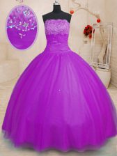 Custom Designed Floor Length Purple 15 Quinceanera Dress Tulle Sleeveless Beading
