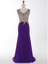 Flare Mermaid With Train Zipper Prom Dress Purple for Prom and Party with Beading and Appliques Brush Train