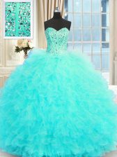  Sleeveless Tulle Floor Length Lace Up Sweet 16 Dress in Aqua Blue with Beading and Ruffles