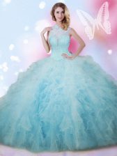 Custom Design Sleeveless Floor Length Beading and Ruffles Lace Up Quince Ball Gowns with Baby Blue