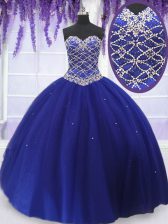 Cute Floor Length Royal Blue 15th Birthday Dress Tulle Sleeveless Beading