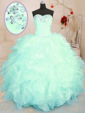 Luxurious Turquoise and Apple Green Sweetheart Lace Up Beading and Ruffles Sweet 16 Dress Sleeveless
