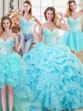  Four Piece Aqua Blue Sleeveless Beading and Ruffles and Pick Ups Floor Length Quinceanera Dresses
