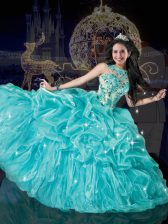 Enchanting Aqua Blue Ball Gowns Bateau Sleeveless Organza Floor Length Lace Up Beading and Appliques and Pick Ups Quinceanera Dress