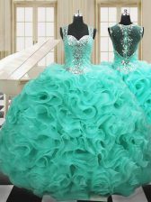  Straps Apple Green Sleeveless Organza Lace Up Vestidos de Quinceanera for Military Ball and Sweet 16 and Quinceanera