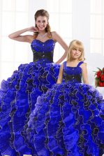 Top Selling Royal Blue Sweetheart Neckline Beading and Appliques and Ruffles Vestidos de Quinceanera Sleeveless Lace Up