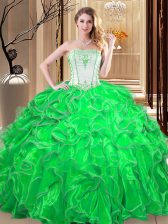 Lovely Green Quinceanera Dresses Military Ball and Sweet 16 and Quinceanera with Embroidery and Ruffles Strapless Sleeveless Lace Up