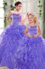  Strapless Sleeveless Quinceanera Dresses Floor Length Beading and Ruffles Lavender Organza