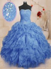 Glamorous Organza Strapless Sleeveless Lace Up Beading and Ruffles and Ruching Sweet 16 Quinceanera Dress in Blue