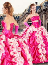 Stylish Pick Ups Strapless Sleeveless Lace Up Quinceanera Gowns Hot Pink Organza and Taffeta