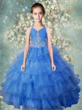 Beautiful Halter Top Ruffled Baby Blue Sleeveless Organza Zipper Party Dress for Party and Wedding Party