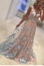  Peach A-line Lace Bateau Sleeveless Lace and Bowknot With Train Zipper Dress for Prom Sweep Train