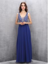 Latest Floor Length Royal Blue Prom Evening Gown V-neck Sleeveless Zipper