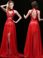  Coral Red Backless Halter Top Lace and Sashes ribbons Prom Dresses Chiffon and Lace Sleeveless Brush Train