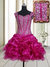  Straps Sleeveless Organza Mini Length Lace Up in Fuchsia with Beading and Ruffles