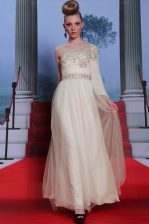 Stylish Tulle One Shoulder 3 4 Length Sleeve Side Zipper Beading and Appliques Evening Dress in Champagne