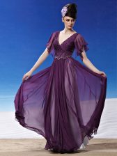 Sweet Dark Purple V-neck Neckline Beading and Ruching Prom Dress Short Sleeves Side Zipper