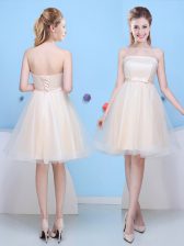 Modern Bowknot Dama Dress for Quinceanera Champagne Lace Up Sleeveless Knee Length