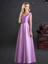 Trendy Off the Shoulder Lilac Elastic Woven Satin Zipper Dama Dress Cap Sleeves Floor Length Bowknot