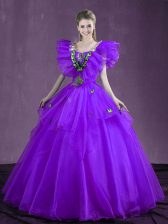 Spectacular Floor Length Purple 15th Birthday Dress Organza Sleeveless Appliques and Ruffles