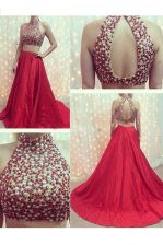  With Train Two Pieces Sleeveless Red Prom Dress Court Train Backless