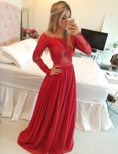 Clearance A-line Prom Party Dress Red Off The Shoulder Chiffon Long Sleeves Floor Length Zipper