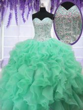  Sleeveless Lace Up Floor Length Ruffles and Sequins Ball Gown Prom Dress