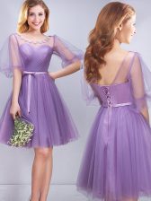 Artistic Scoop Half Sleeves Tulle Mini Length Lace Up Quinceanera Court of Honor Dress in Lavender with Appliques and Ruching and Belt