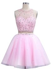 High End Organza Scoop Sleeveless Zipper Beading Prom Dresses in Pink