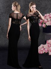  Black Column/Sheath Scoop Short Sleeves Elastic Woven Satin With Train Sweep Train Zipper Appliques and Sequins Evening Dress
