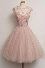 Customized Scoop Pink A-line Appliques Prom Gown Zipper Tulle Cap Sleeves Knee Length