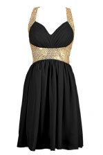  Black Chiffon Criss Cross Dress for Prom Sleeveless Knee Length Sequins