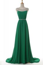  Green Prom Dresses Prom and Party with Belt Scoop Sleeveless Sweep Train Side Zipper