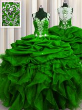  See Through Back Straps Sleeveless Quinceanera Gowns Floor Length Beading and Ruffles and Sequins and Pick Ups Green Organza