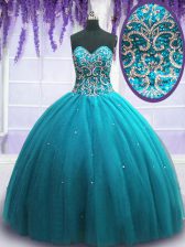  Floor Length Lace Up 15 Quinceanera Dress Teal for Military Ball and Sweet 16 and Quinceanera with Beading