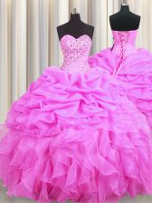 On Sale Floor Length Lace Up 15 Quinceanera Dress Rose Pink for Military Ball and Sweet 16 and Quinceanera with Beading and Ruffles and Pick Ups