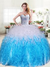  Blue And White Ball Gowns Beading and Ruffles Ball Gown Prom Dress Lace Up Organza Sleeveless Floor Length
