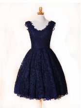 Cute Blue and Navy Blue Sleeveless Lace Knee Length Prom Party Dress