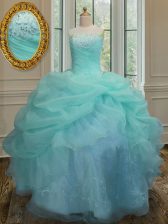  Aqua Blue Strapless Lace Up Embroidery and Pick Ups Quinceanera Dresses Sleeveless