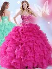  Hot Pink Sleeveless Organza Lace Up Quince Ball Gowns for Military Ball and Sweet 16 and Quinceanera