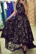  Black A-line Scoop Sleeveless Lace Asymmetrical Zipper Lace Prom Dress