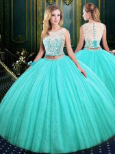  Sequins Scoop Sleeveless Lace Up Sweet 16 Quinceanera Dress Blue Tulle and Sequined