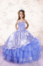 Hot Selling Floor Length Lace Up Teens Party Dress Baby Blue for Party and Wedding Party with Embroidery and Ruffled Layers
