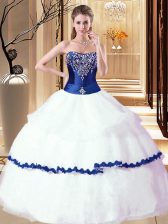  White and Royal Blue Ball Gowns Beading and Ruffled Layers 15 Quinceanera Dress Lace Up Organza Sleeveless Floor Length