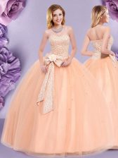  Tulle Sweetheart Sleeveless Zipper Beading and Bowknot Vestidos de Quinceanera in Peach