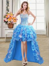 Custom Designed Baby Blue Lace Up Prom Evening Gown Beading and Ruffles and Sequins Sleeveless High Low