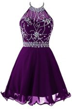  Halter Top Purple Sleeveless Mini Length Beading Zipper Prom Party Dress