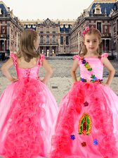  Ball Gowns Kids Formal Wear Rose Pink Spaghetti Straps Organza and Taffeta Cap Sleeves Floor Length Lace Up