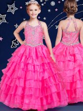 Custom Fit Ruffled Ball Gowns Juniors Party Dress Hot Pink Halter Top Organza Sleeveless Floor Length Zipper